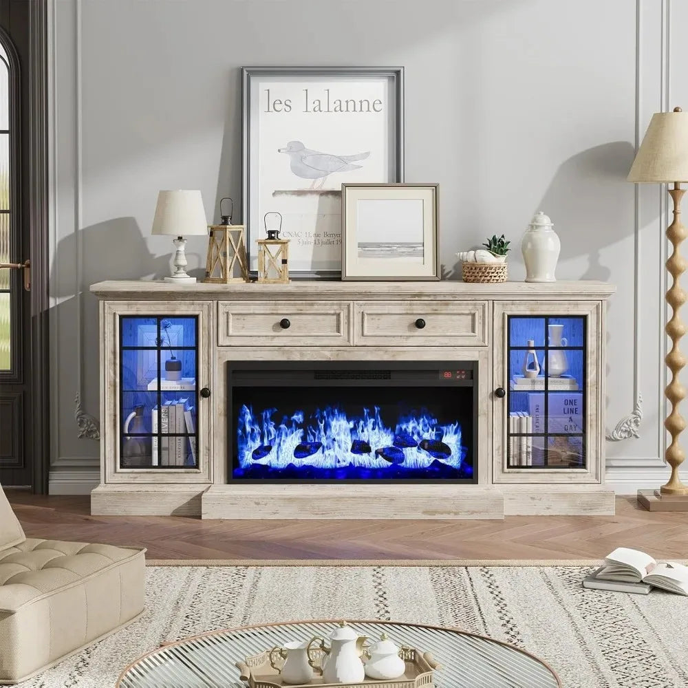 Modern Farmhouse Entertainment Center with Electric Fireplace LED Lights - TV Stand for up to 80'' TVs 70'' Media ，Customized