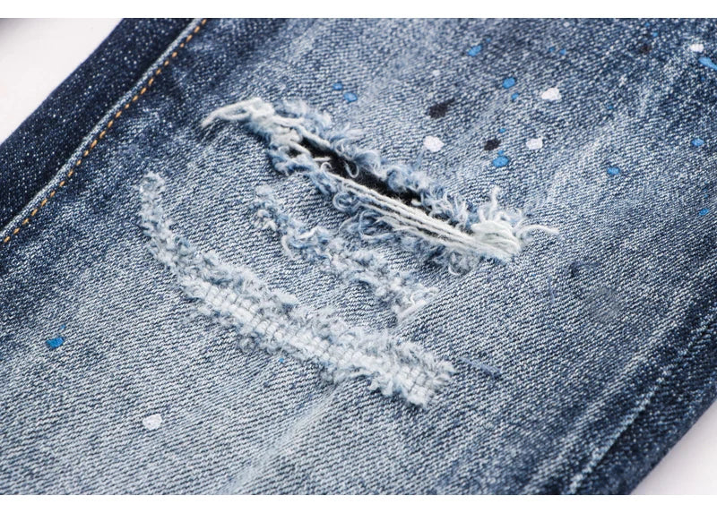 Latest designer fashion new men's jeans, washed, vintage painted embroidery, stretchy slim fit hombre