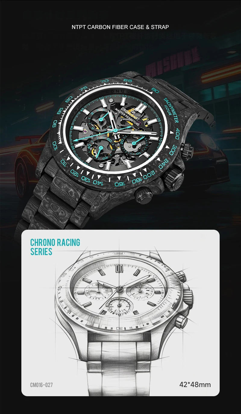 CRONUSART Men Chronograph Watch 42mm Automatic Mechanical Wristwatch Carbonfiber Case & Bracelet Luminous Sapphire Skeleton Dial