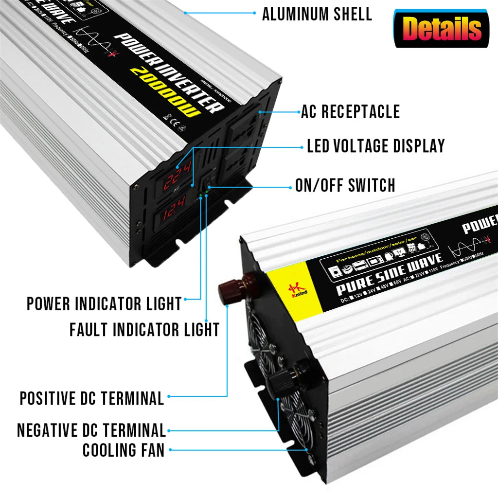 Pure Sine Wave Power Inverter 4000W DC 12V 24V 48V 60V to AC 220V Peak 20000W Inversor 12 V 220 V Convertor for Air Conditioner