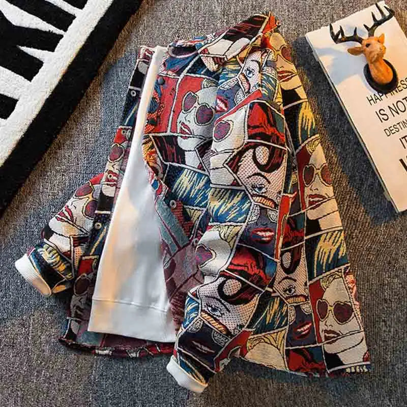 Japanese Cartoon Anime Shirt Men Long-sleeved Korean Streetwear Autumn High-end Handsome Jacquard Shirt Casual Blouse Jacket