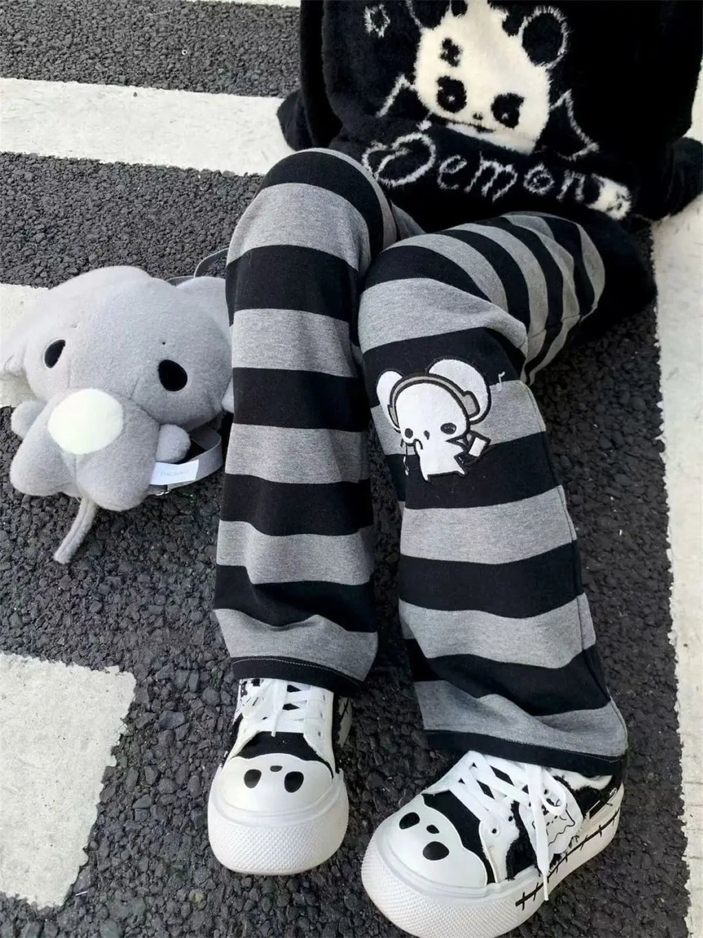 Harajuku Y2K Punk Anime Printed Striped Pants Straight Leg CleanFit PVC Material ex Neutral Sle Casual Trousers