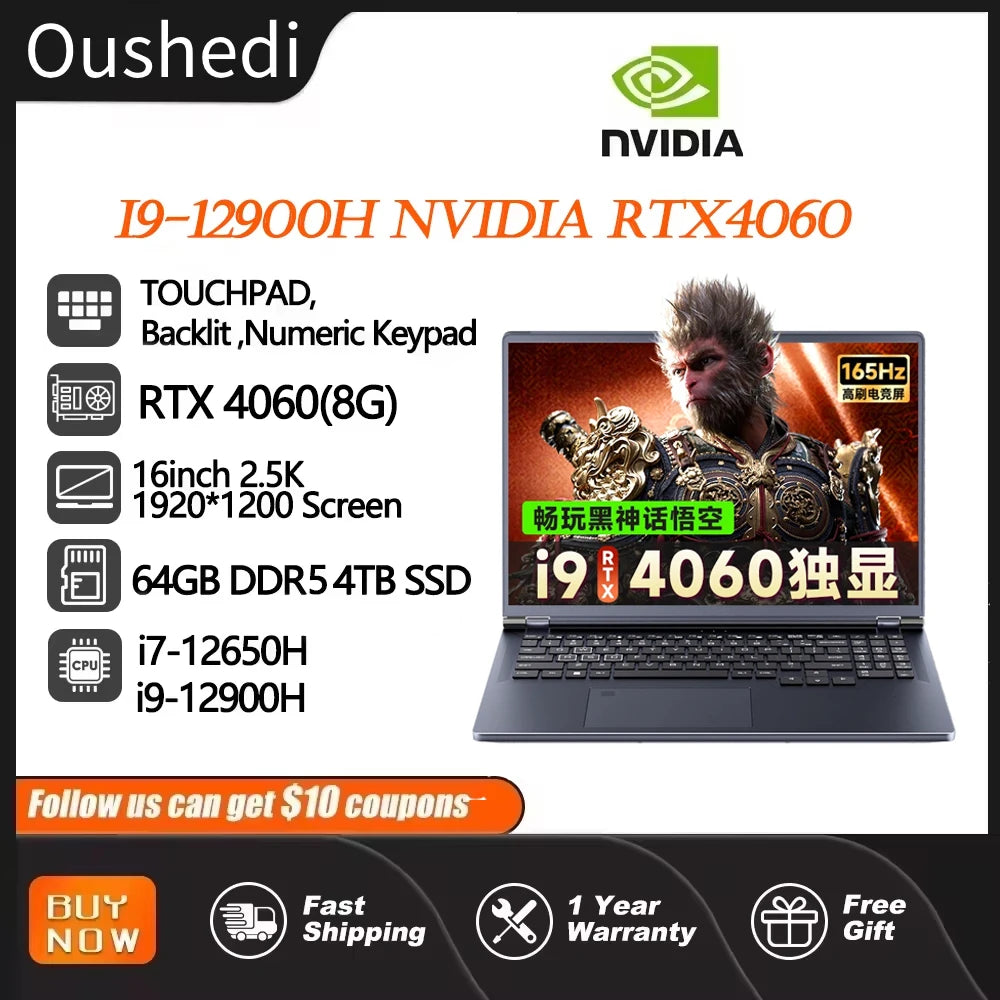 Gaming Laptop 16 inch Intel Core i9-12900H NVIDIA RTX 4060 8G 64GB RMD 4TB SSD DDR4 Windows 11 HD Camera WiFi6 Portable Computer