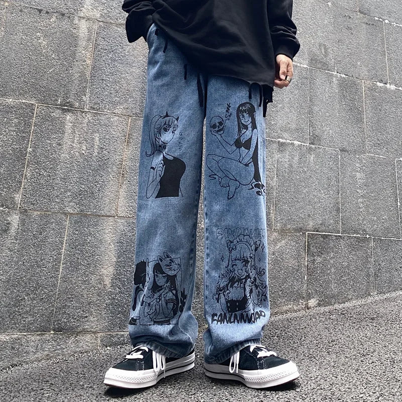 Washed Jeans Retro Harajuku Anime Cartoon Print Men Baggy Jeans Streetwear Hip Hop Tide Denim Pants Fashion Loose Wide Leg Pants