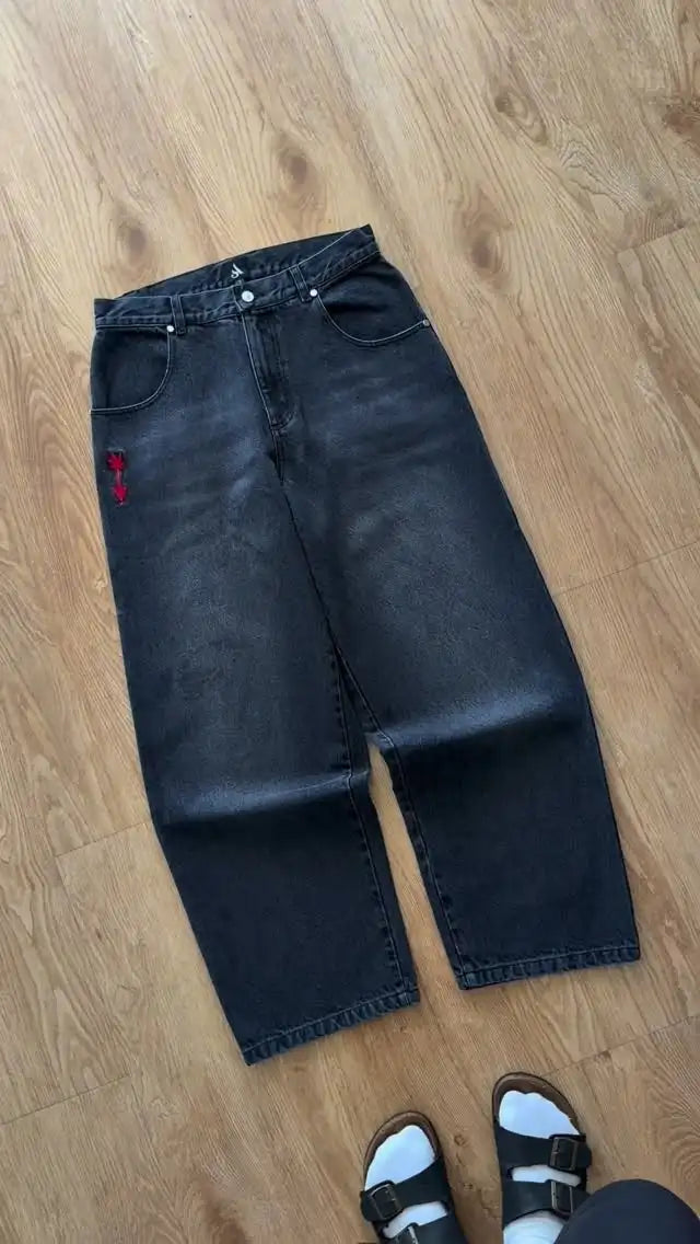 Y2K Vintage Loose Denim Pants Black Japan Cartoon Pattern Embroidered Jeans Women Wide Leg High Waist Streetwear Men Jeans