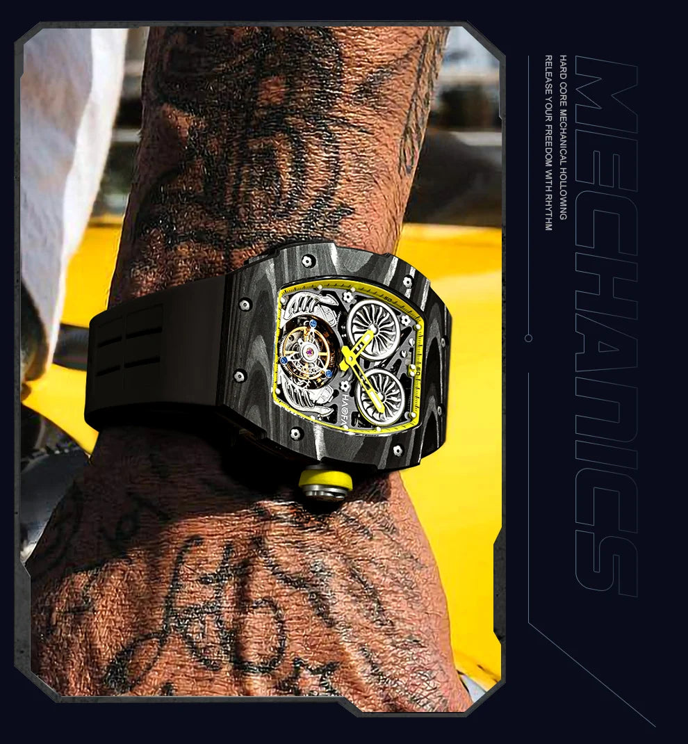 Haofa Carbon Fiber Tourbillon Mens Watch Double Spring Diver Automatic Mechanical Watches for Men Sapphire Luxury Business 1922