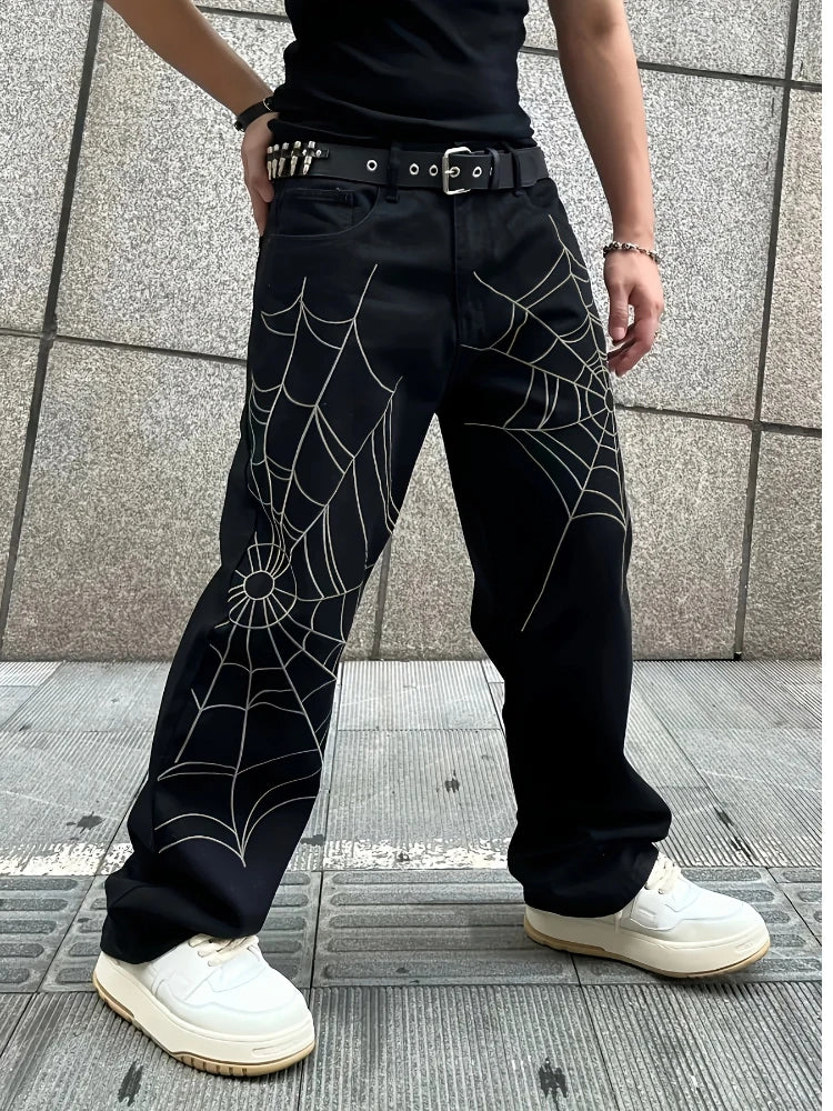 Men's Black Jeans Spider Web Printing Loose Wide Leg Casual Daily Trousers High Street Fashion Trendy Streetwear Denim Pants