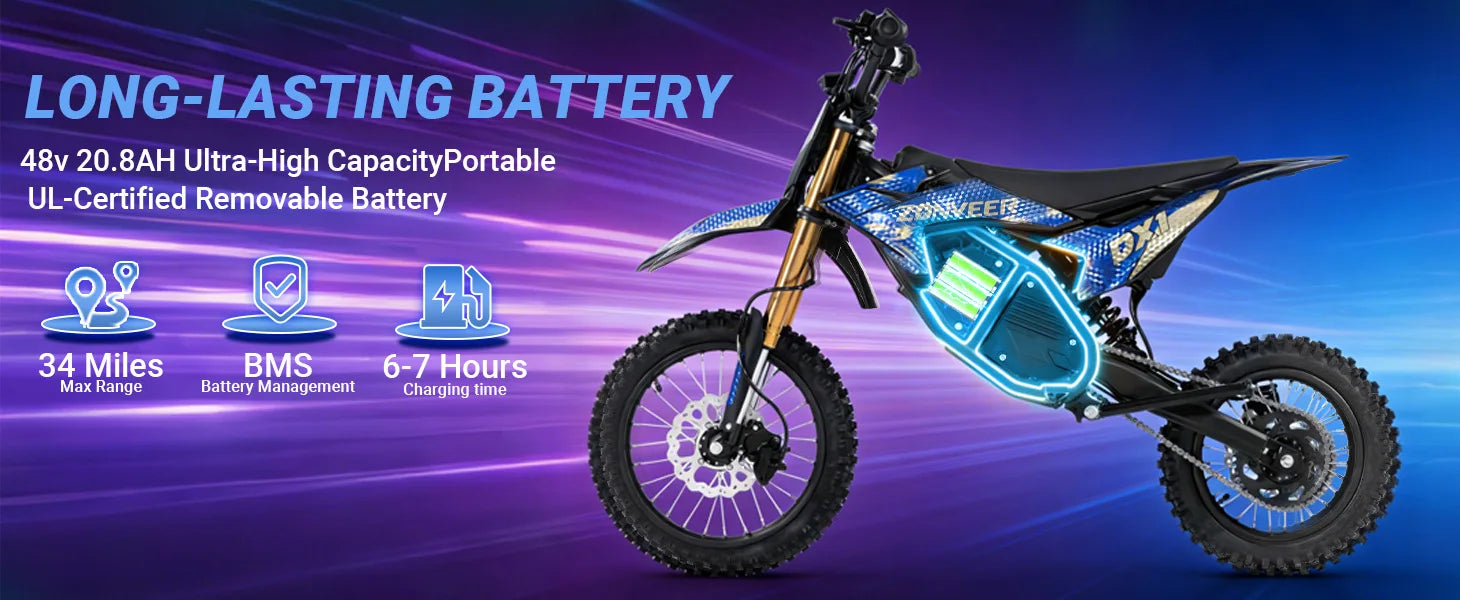 Zonveer DX1 3000W Peak Electric Dirt Bike for Adults, 998.4WH Battery, 40MPH Off-Road Electric Motorcycle, Hydraulic Brakes