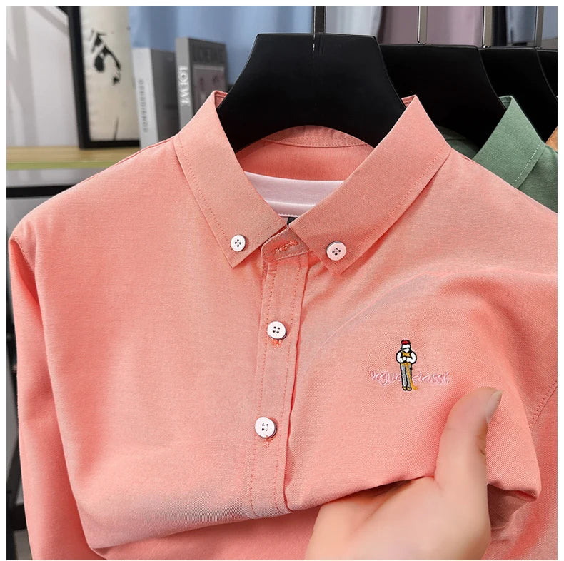 High end brand men's long sleeve shirt fashion cartoon embroidery comfort silk cotton solid color luxury golf casual lapel top