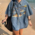 Retro American Cartoon Embroidery Denim Short Sleeve Shirt Loose Casual Summer Thin Neutral Style Men Women Outerwear