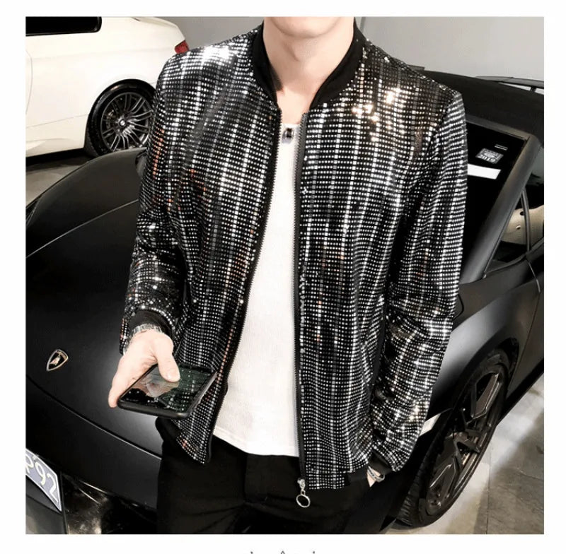 Y2K Men's Streetwear Night Club Stage Thin Motorcycle Jackets Fashion Men Hip Hop Sequined Bombers Jacket Coat Fashion Clothing