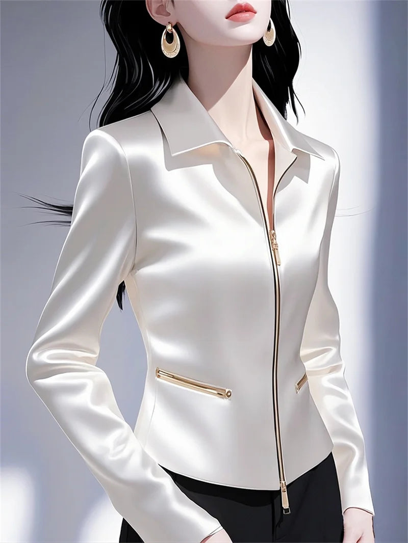 Contrast Satin Jacket Women's 2025 Early Spring Summer New Shirt Female High Quality Western-Style Waist Coat Zipper Tops Ladies
