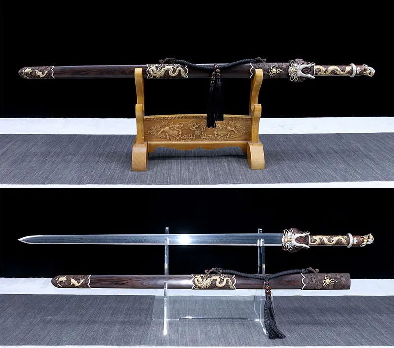 Quality Chinese Dragon Sword Handmade Forged Folded Steel Blade Ebony Wood Sheath Collection Art Props Antique Swords