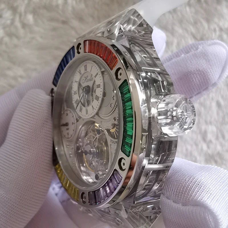 Haofa GMT Tourbillon Man Watch 2101 Luxury Rainbow Crystal Day And Night Manual Tourbillon Mechanical Men Watches Sapphire