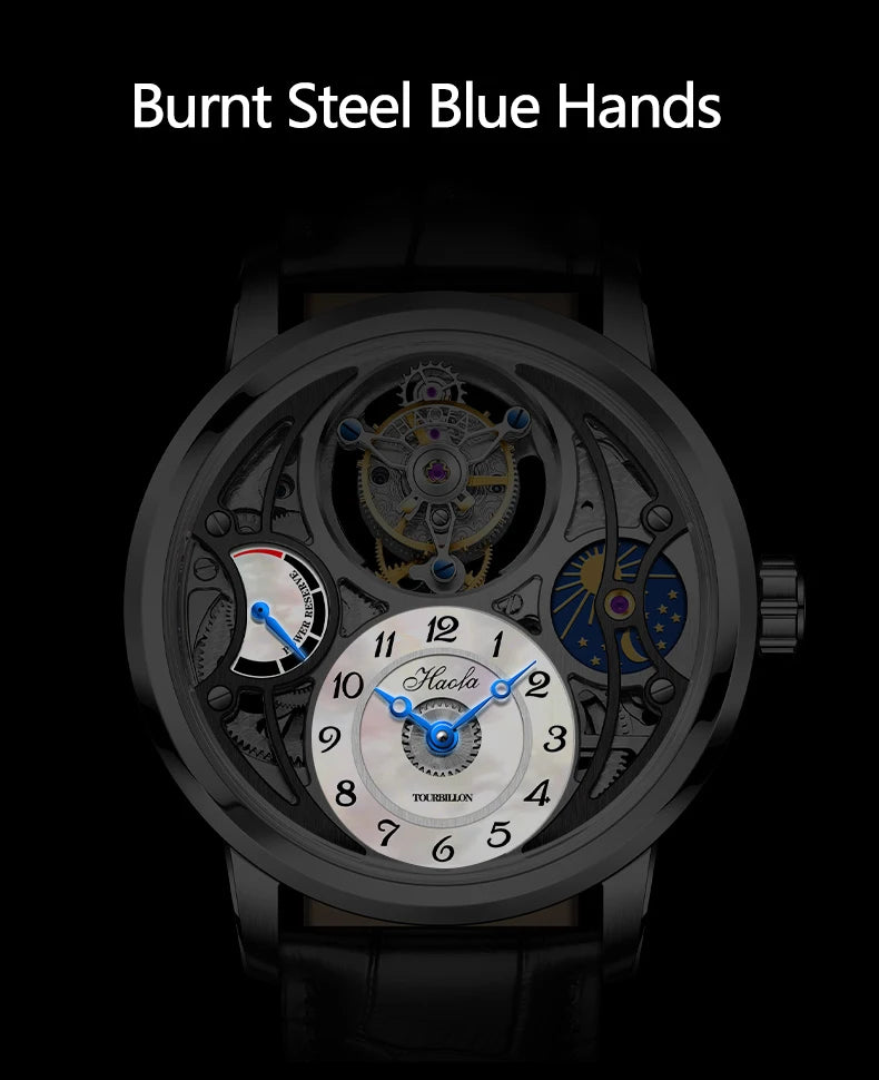 Haofa Manual Tourbillon Watch for Men Moonphase Energy Display Dial Skeleton Movement Sapphire Mechanical Wristwatches 1939