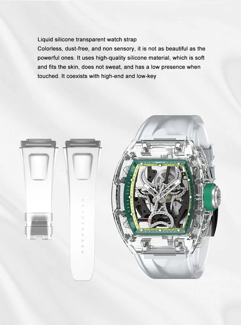 CRONUSART Men Automatic Watch 50mm Tonneau Mechanical Wristwatch Sapphire Case & Mirror Luminous FKM Strap Skeleton Bull Dial