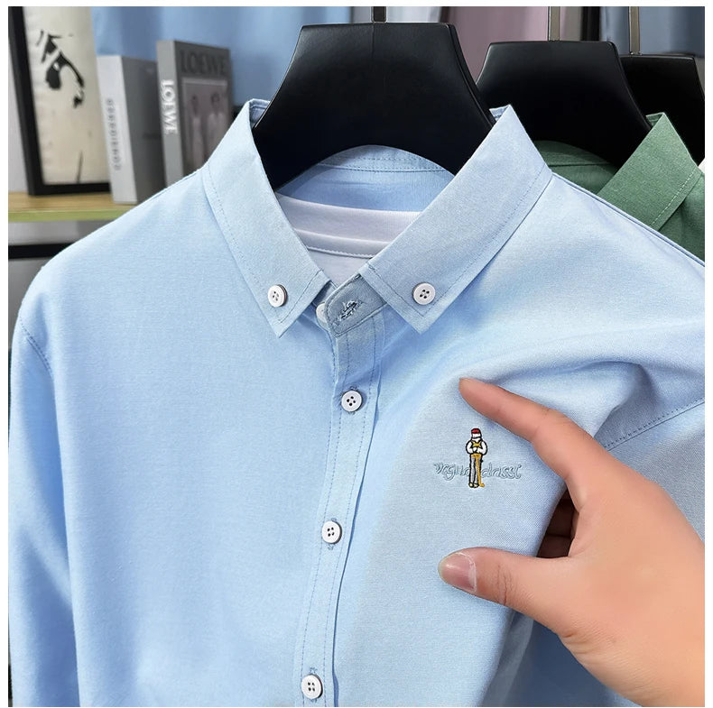Light luxury fashion men's long sleeve shirt brand cartoon embroidery high-quality business casual solid color golf lapel top