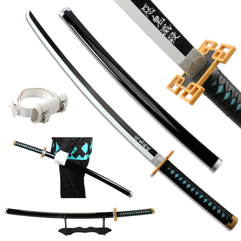 104cm Anime Slayer Katana Sword Kimetsu no Yaiba Wooden Cosplay Anime Weapons Sword Toy Katanas with Display Stand and Belt