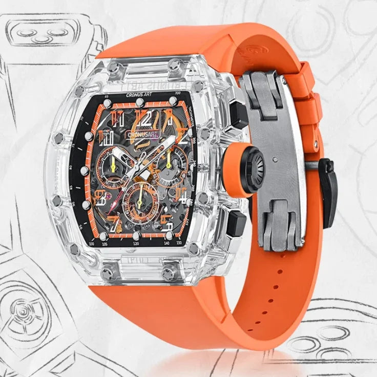 CRONUSART Men Chronograph Watch Tonneau Mechanical Wristwatch Sapphire Case & Mirror Luminous FKM Strap Skeleton Dial