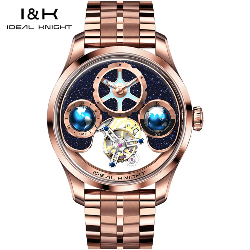 IDEAL KNIGHT Real Tourbillon Automatic Watches for Men 43mm Large Dial Blue Earth Series High-end Luxury Brand Mechanical Watch