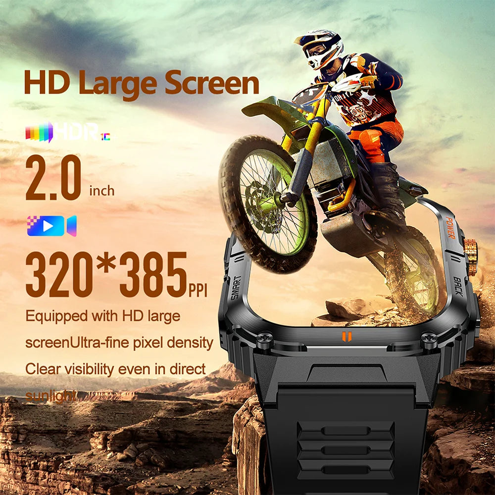 New 1000mAh military outdoor smartwatch for men, LED flashlight, IP68 waterproof, GPS sports, 2.01-inch Bluetooth call smartwatc