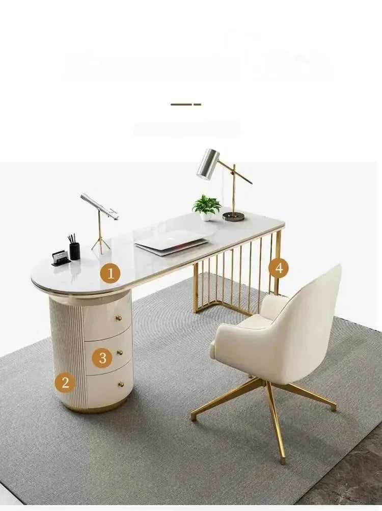 Modern White Executive Office Desk Wooden Computer Table with Gold Metal Legs Home Office Study Writing Workstation
