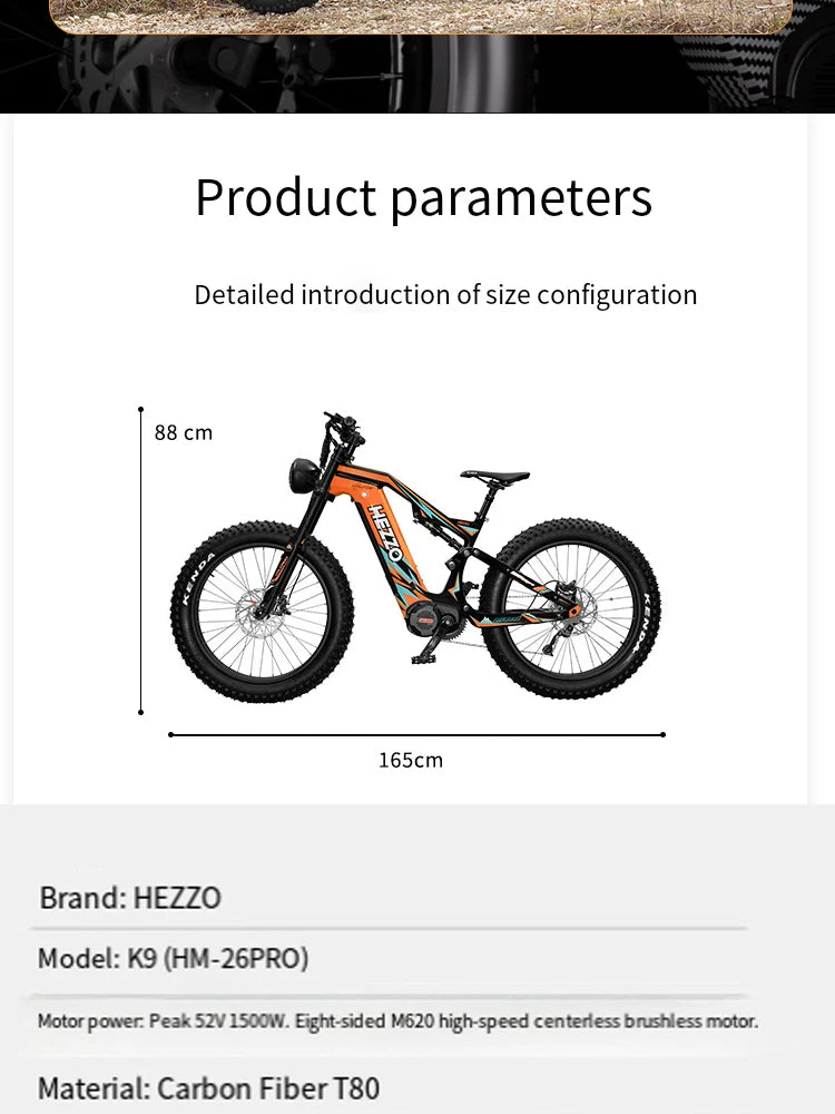 52V 1000W Carbon Fiber E-Bike Mid-Drive Electric Bicycle with 21Ah Lithium Battery Wide-Tire 9-Speed Eco-Friendly Bike