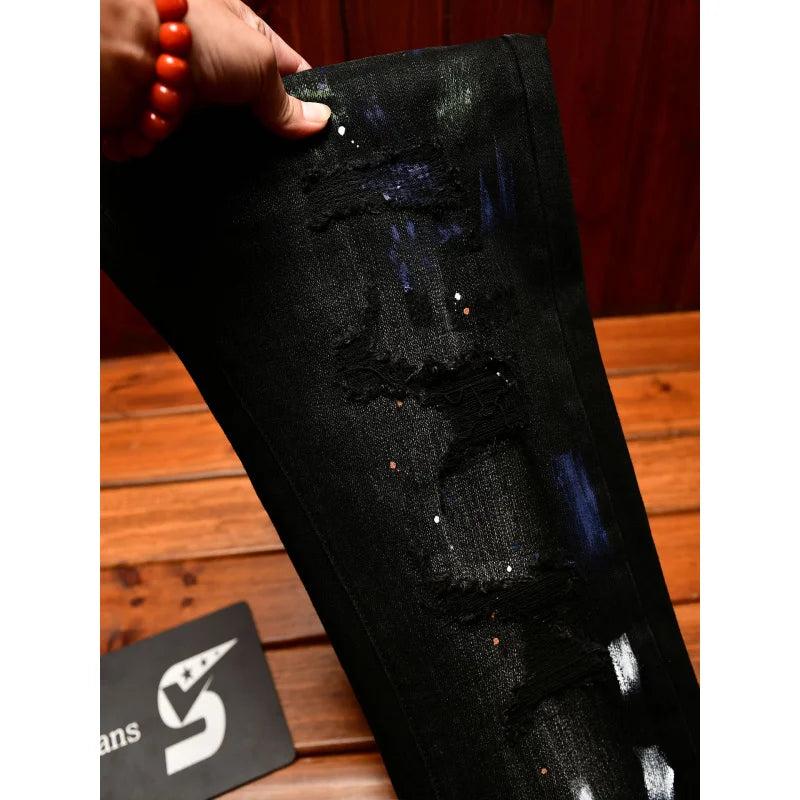 2025 Autumn American Fashion Black Jeans Men's Slim Fit Version with Piercing Patch Paint Printed Street Trendy Pants