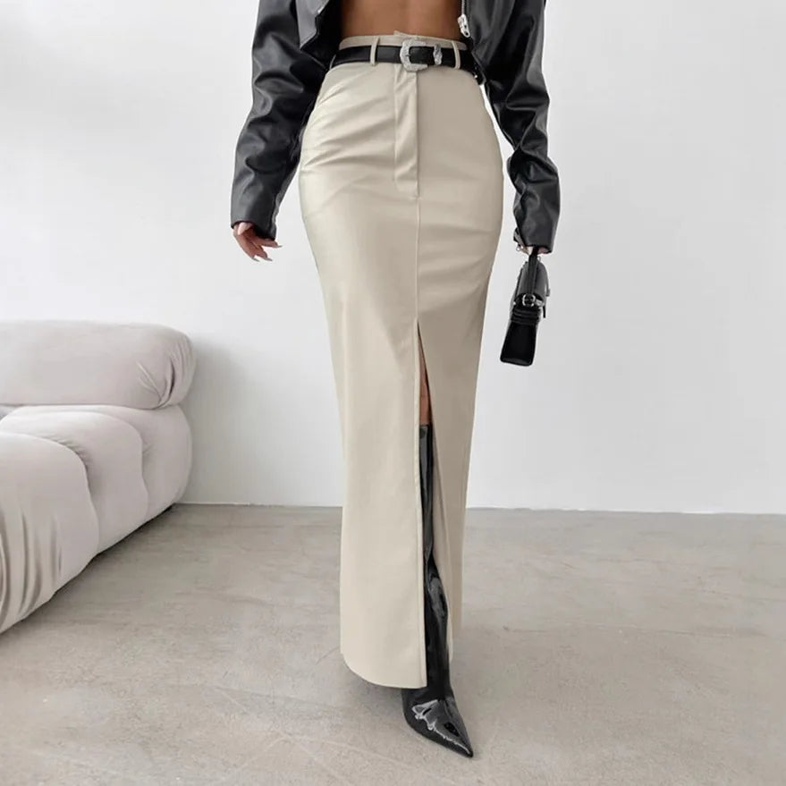 Women's Split Design Solid Color High Waist Pu Leather Skirt 2026 Spring Fall Office Lady Trendy Streetwear Long Skirts