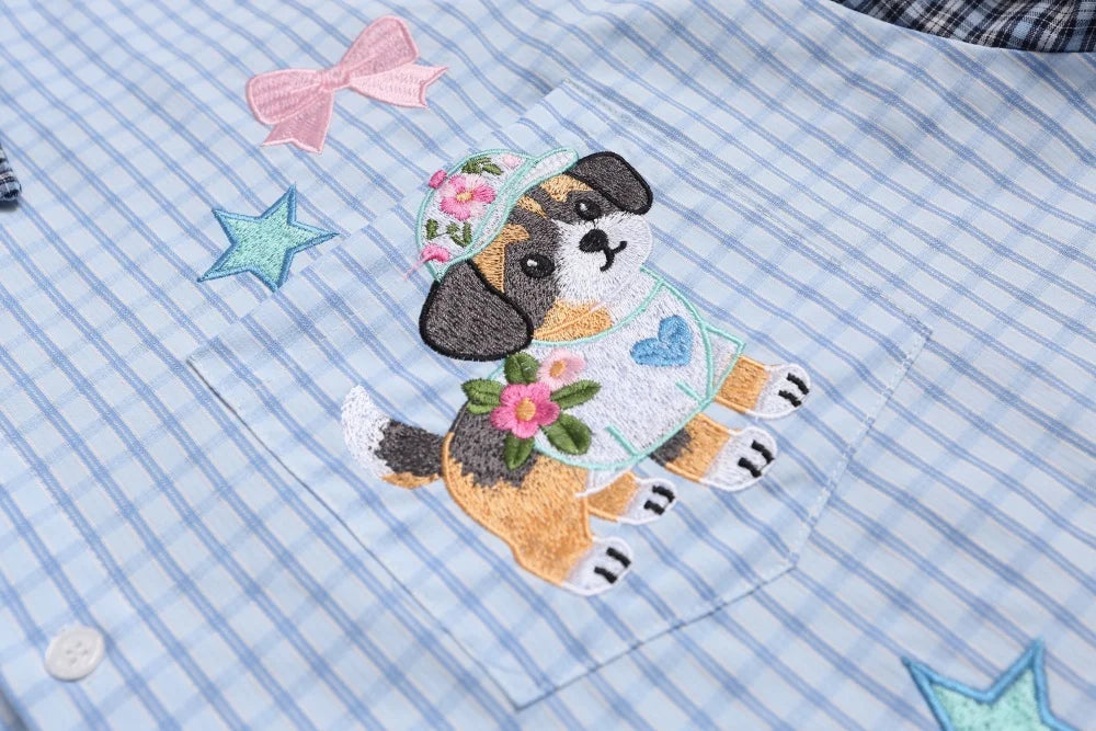 Plaid Patchwork Long Sleeve Shirts Mens Cartoon Embroidery Spring Retro Casual Loose Lapel Single Breasted Shirts Man