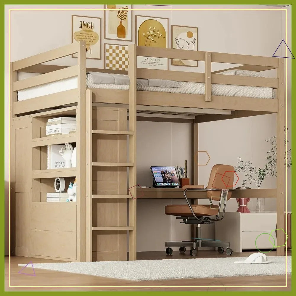 Full Size Loft Bed with Desk, Wardrobe, Drawers & Shelves - Space-Saving Wooden Frame for Kids Teens Adults