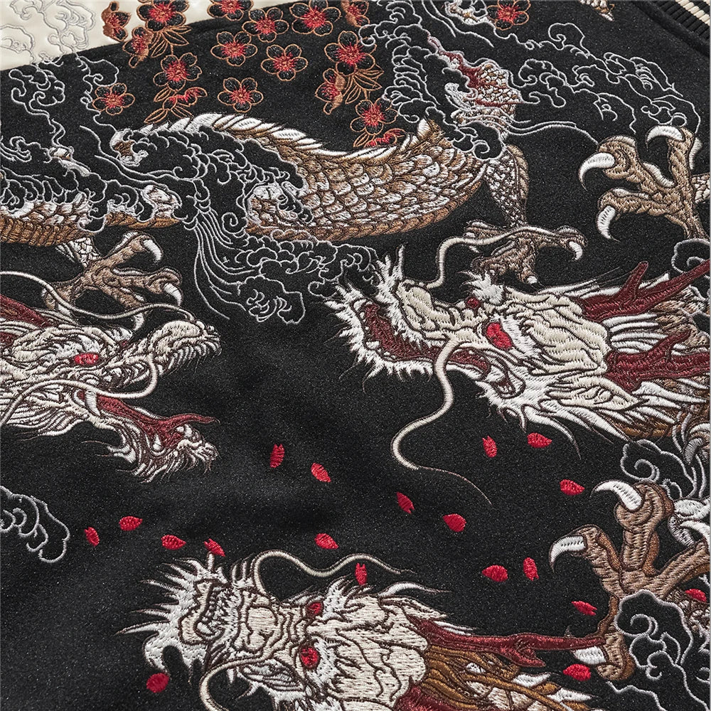Streetwear Japanese Sukajan Souvenir Baseball Jacket 2025 Autumn Chinese Dragon Embroidered Woolen Patchwork Jacket Coat