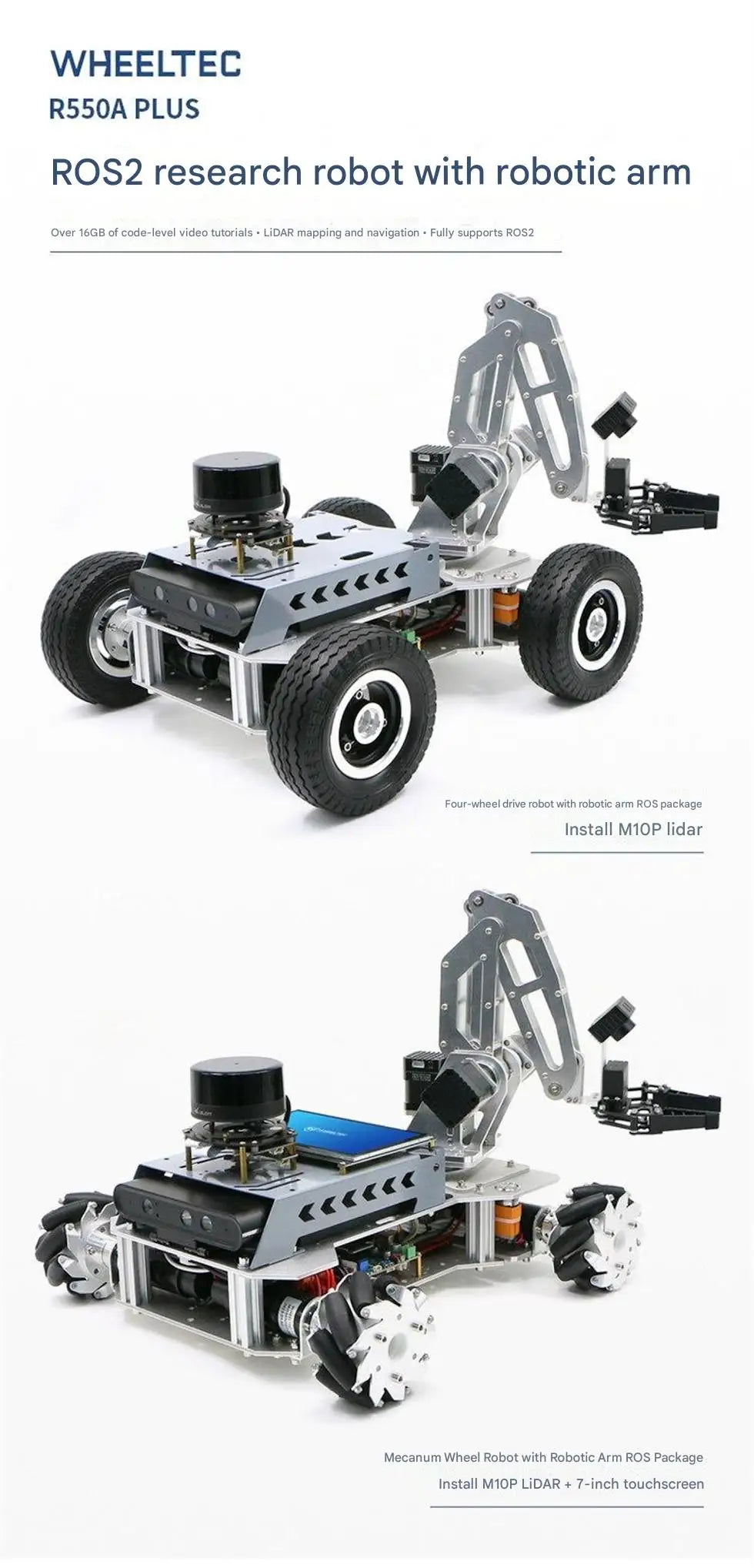 WHEELTEC R550A PLUS ROS Research Robot with Robotic Arm, LiDAR Mapping and Navigation