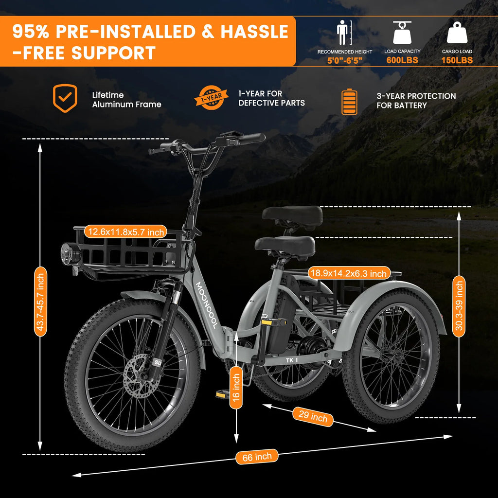 Folding Electric Tricycle for Adults 20" Fat Tire 3 Wheel E-Bike Trike W/ basket
