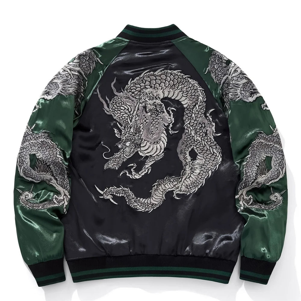 Harajuku Yokosuka Dragon Embroidered Jacket Autumn Street Hip Hop Men's Green Sleeve Japanese Coat