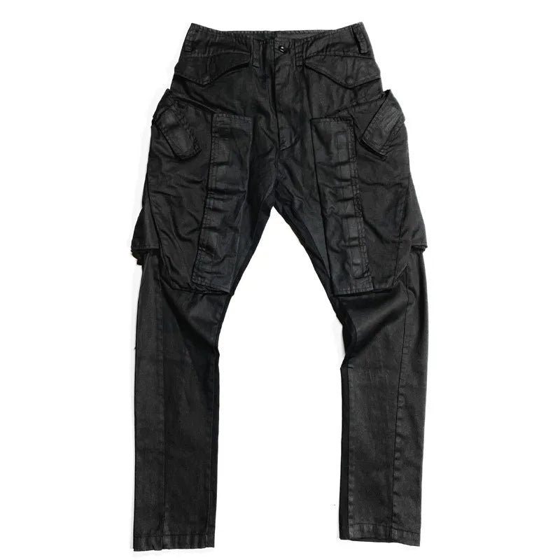 Dark Multi Pockets Function Cargo Pants Slim Fit Elastic Casual Joggers Trousers Men