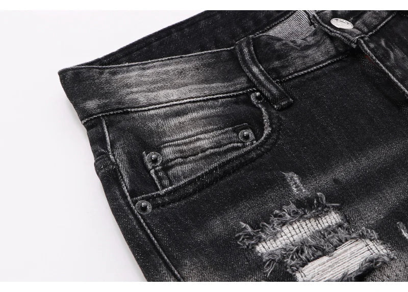 Street Fashion Men Jeans Retro Black Gray Elastic Stretch Slim Fit Hole Ripped Jeans Men Patched Designer Hip Hop Brand Pants