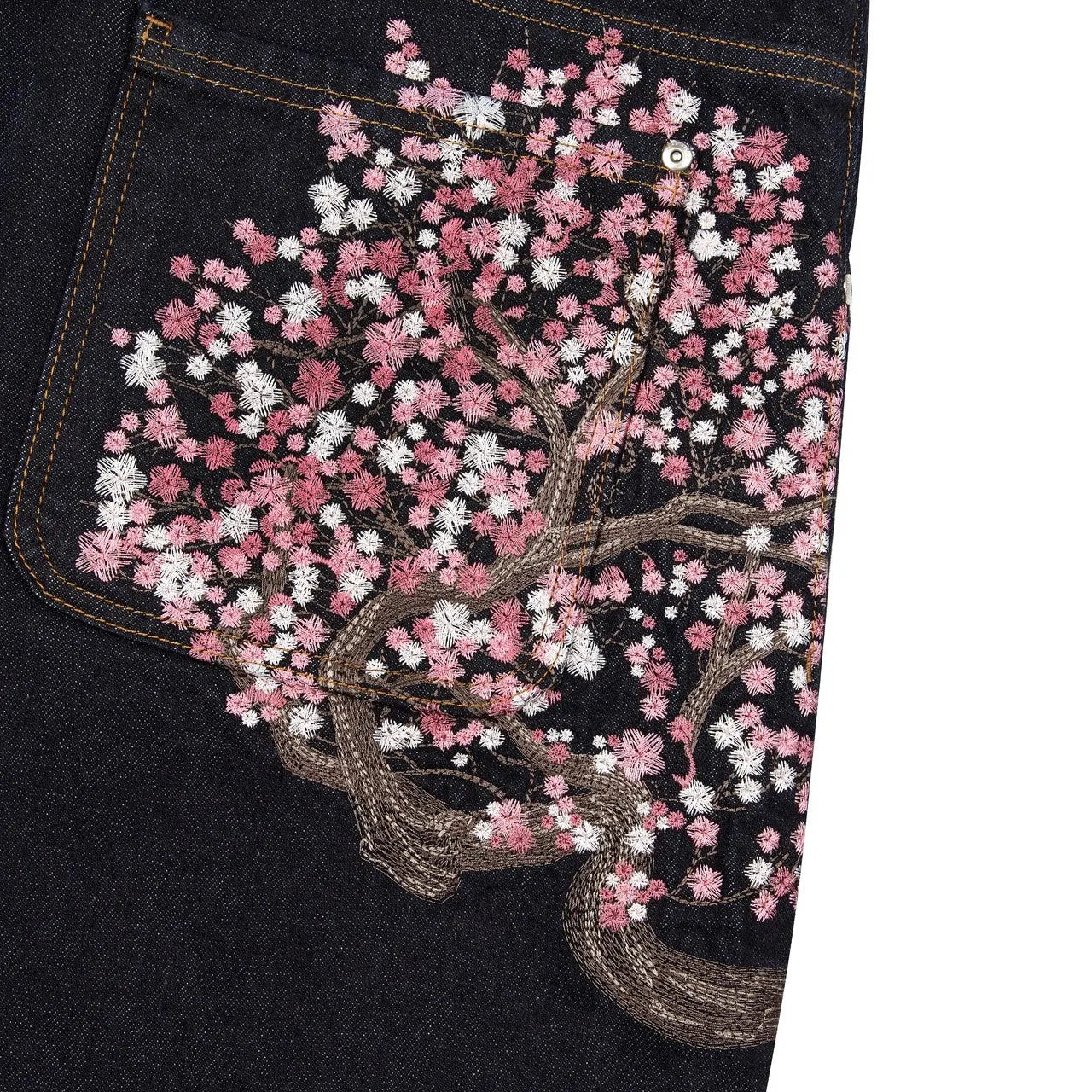 Vintage Cherry Blossom Black Knight Embroidery Jeans Y2k Retro Baggy Straight Denim Pants Blue Wash Jean Men Clothing Streetwear