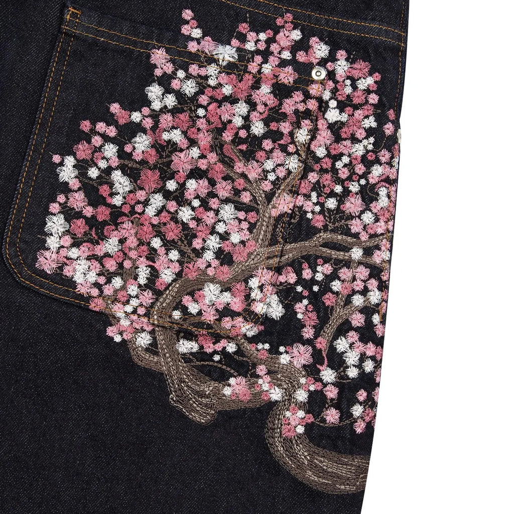 Y2k Vintage Baggy Fallen Knight Cherry Blossom Embroidery Jeans Men Women Fashion Straight Wide-leg Denim Pants Streetwear Jean