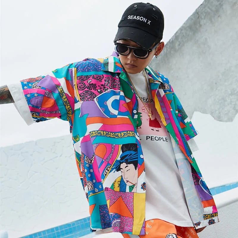 Men Loose Hip Hop Shirt Harajuku Japanese Ukiyo E Anime Shirt Short Sleeve Top Hawaiian Shirt Casual Streetwear Thin Summer 2025