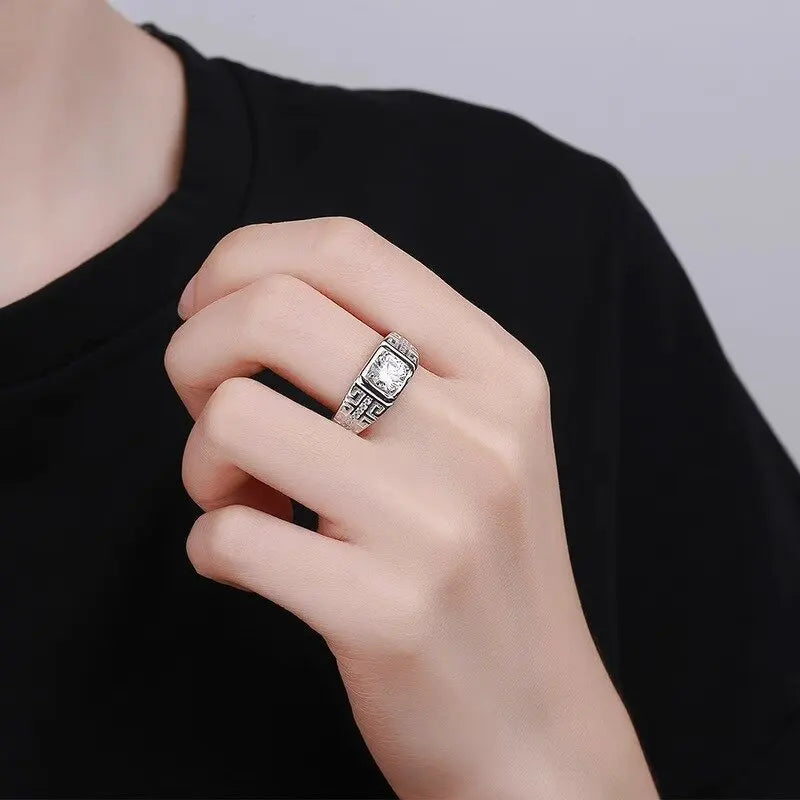 Luxury PT950 Platinum Men's Greek Key Square Moissanite Pave Engagement Wedding Ring Adjustable Band Anniversary Gift Jewelry Sp
