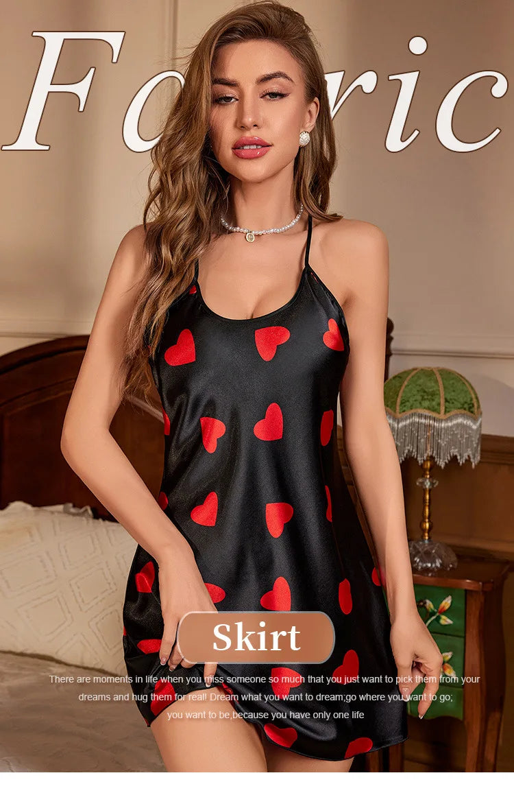 Print Satin Slip Nightdress V Neck Backless Mini Sleep Dress Women Sleepwear Dresses Nightgown Cosplay Sexy Pajama