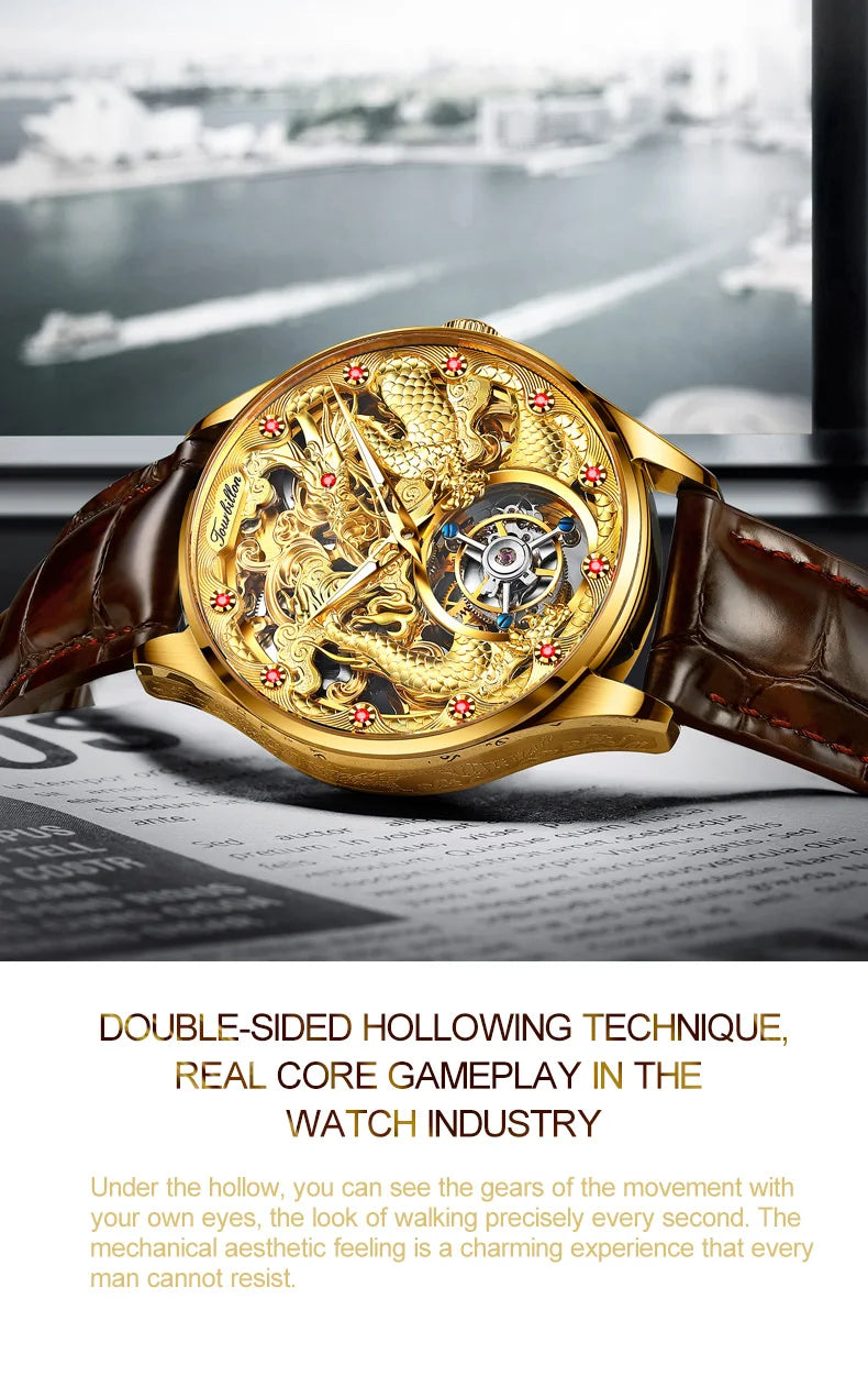 100% OUPNKE 3176 Authentic Tourbillon Men Watch Luxury 3D Relief Golden Dragon Watch Original Mature Automatic Mechanical Watch