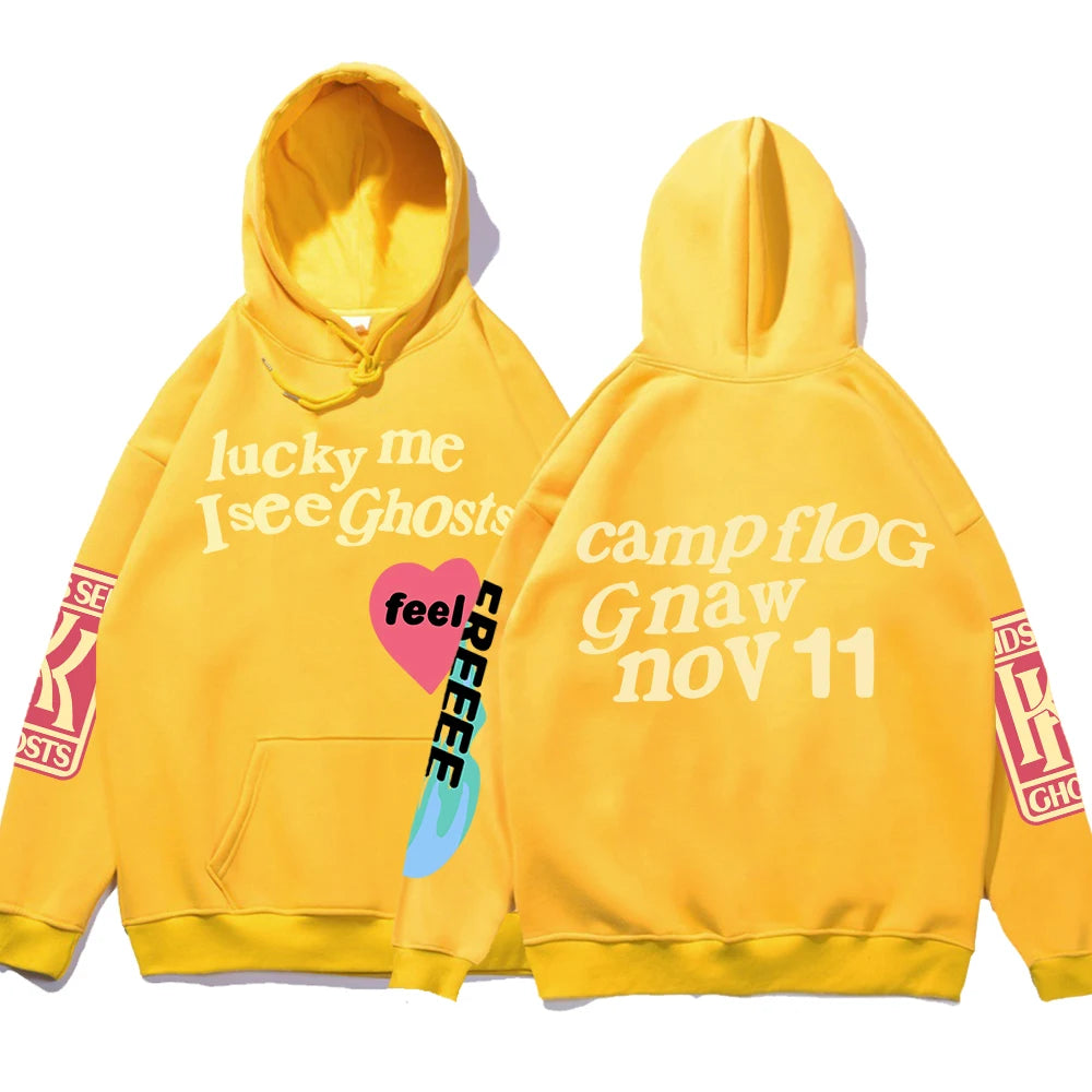 Graffiti Letter Printed Loose Hooded Kanye Sweatshirts Men Oversized Fleece Luck Me I See Ghosts Hoodie Unisex Pullover Hoody