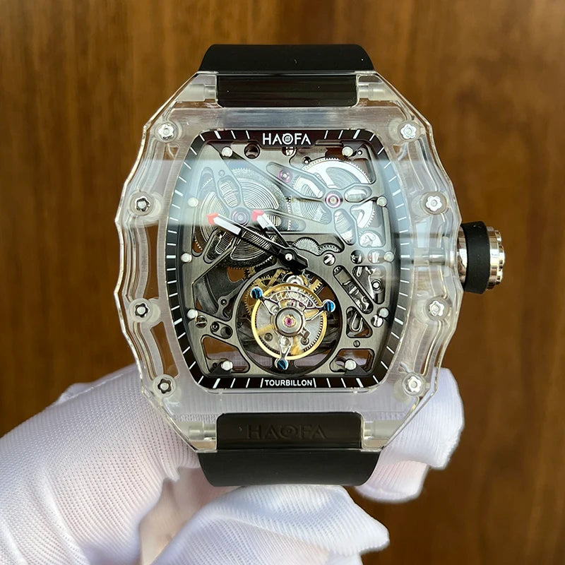 Haofa Automatic Tourbillon Skeleton Man watch Luxury Self Wind Flying Mechanical Tourbillon K9 Crystal Watches for man 2201