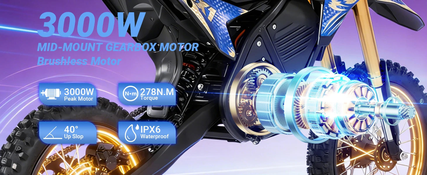 Zonveer DX1 3000W Peak Electric Dirt Bike for Adults, 998.4WH Battery, 40MPH Off-Road Electric Motorcycle, Hydraulic Brakes
