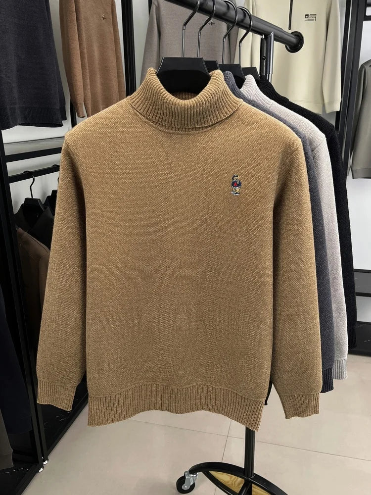 Light luxury men knitted high neck sweater new trend brand cartoon bear embroidery soft plush thicken casual versatile pullover