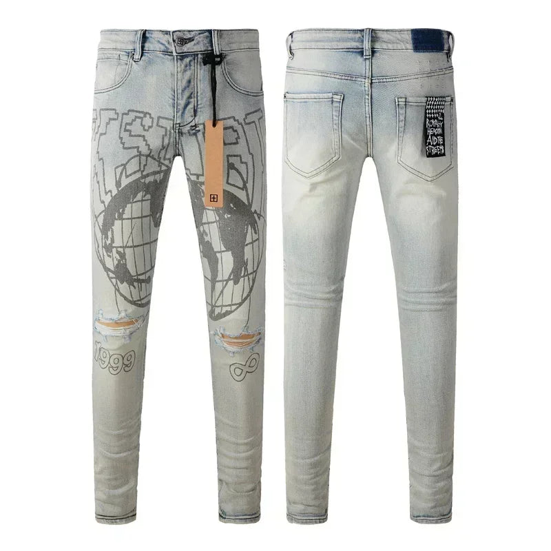 2025 KSUBI Men Personality Multi-style Low Rise Elastic Skinny Denim Pants American Style Ripped Trousers Jeans