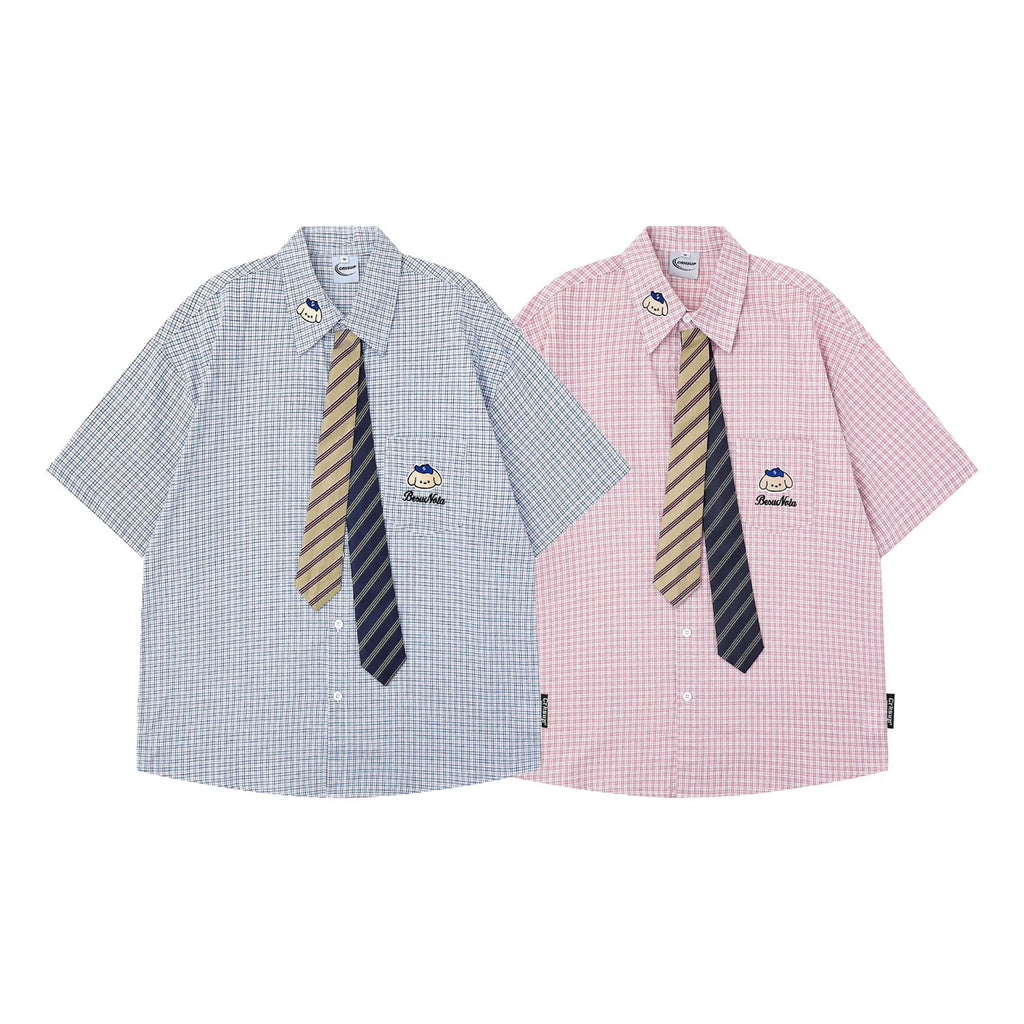 Retro Japanese Cartoon Dog Embroidery Plaid Double Collar Design Short Sleeve Cotton Shirt for Men And Women Couple Style Cas...