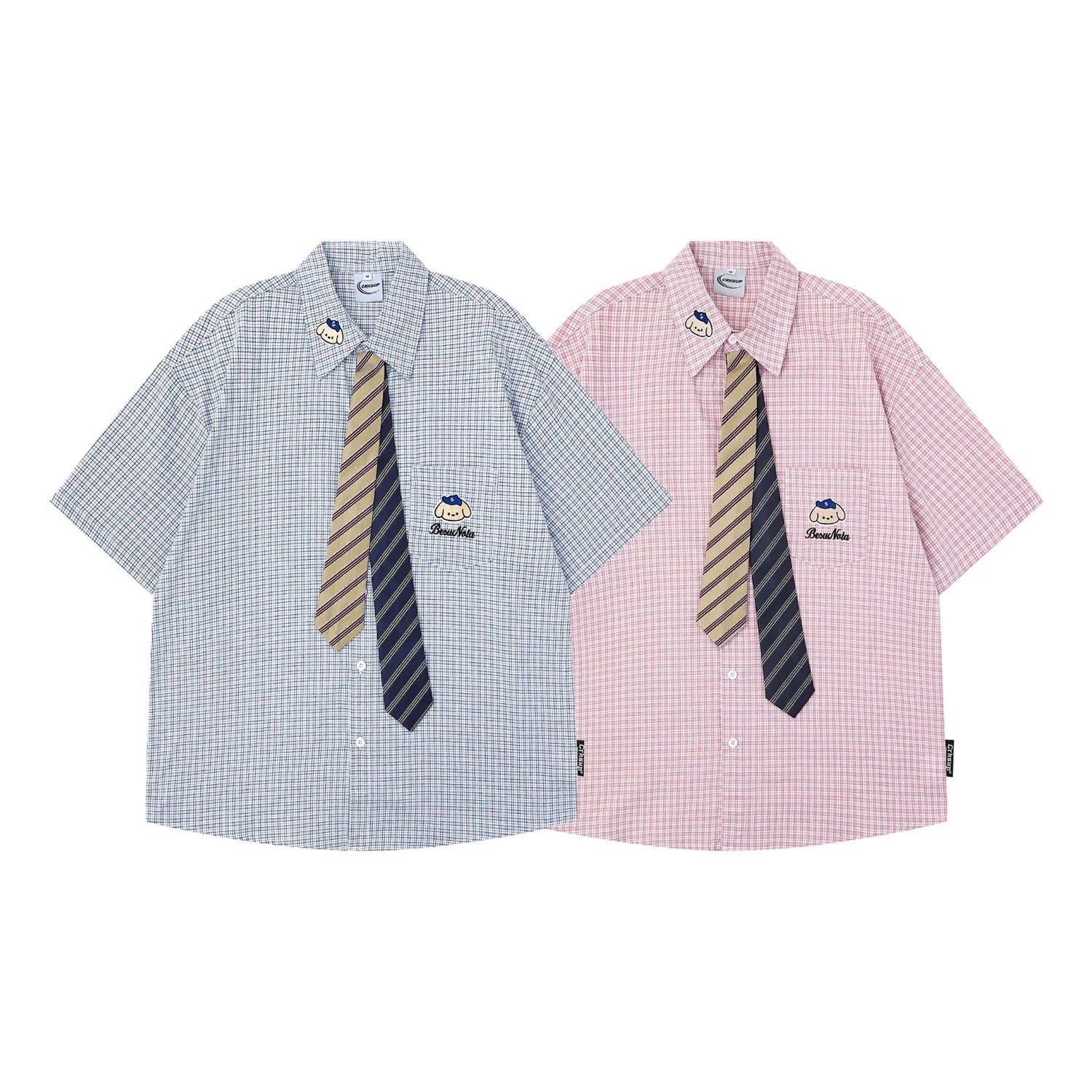 Retro Japanese Cartoon Dog Embroidery Plaid Double Collar Design Short Sleeve Cotton Shirt for Men And Women Couple Style Cas...